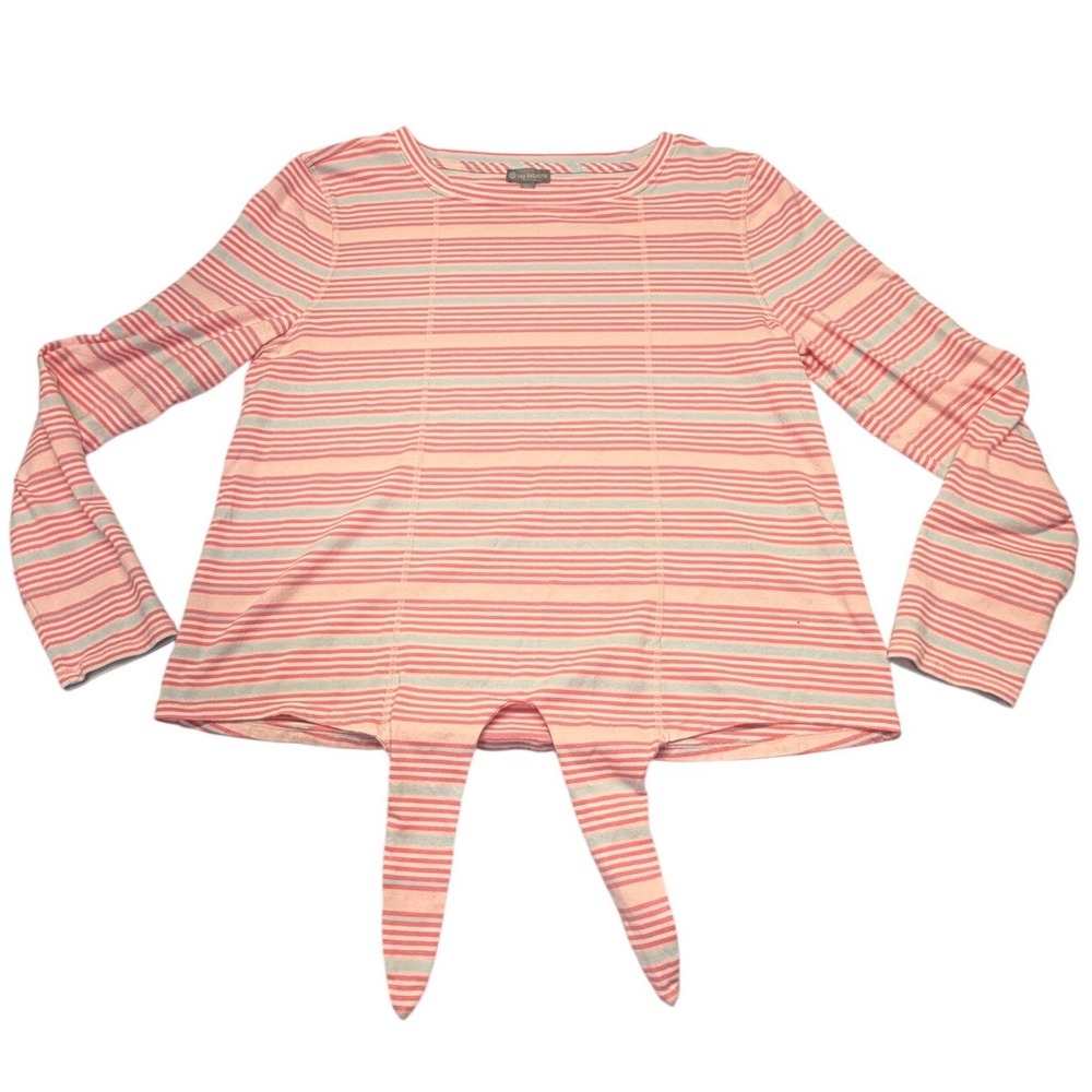 T by Talbots Pink Striped Long Sleeve Front Tie Hem Top Petite Medium MP